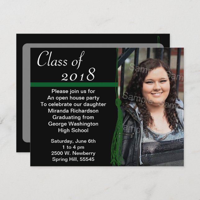 Tassel Photo Graduation Party Green and Black Invitation (Front/Back)