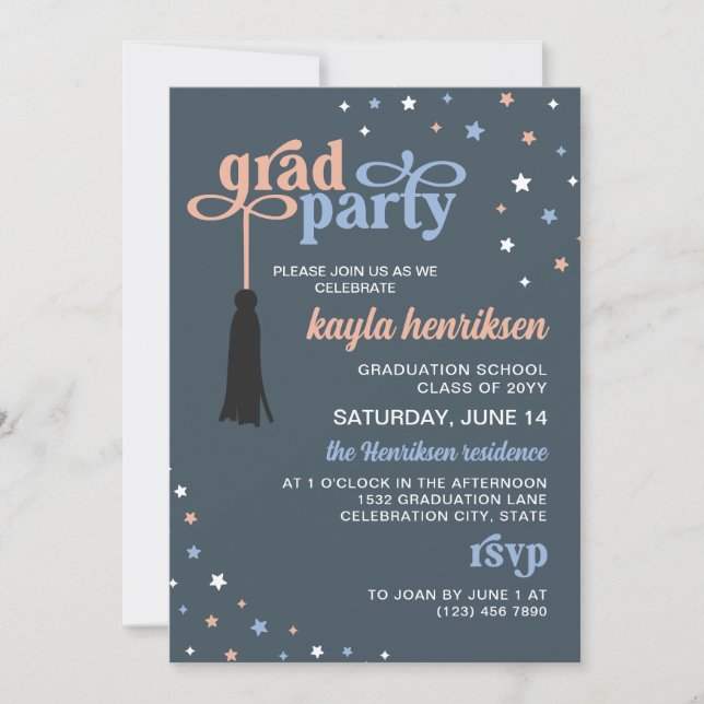 Tassel & Stars Steel Retro Script Grad Party Invitation (Front)