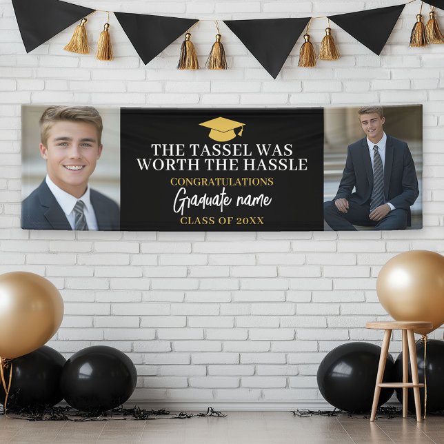 Tassel Was Worth The Hassle - 2 Graduation Photos Banner (Custom Graduation Banner)