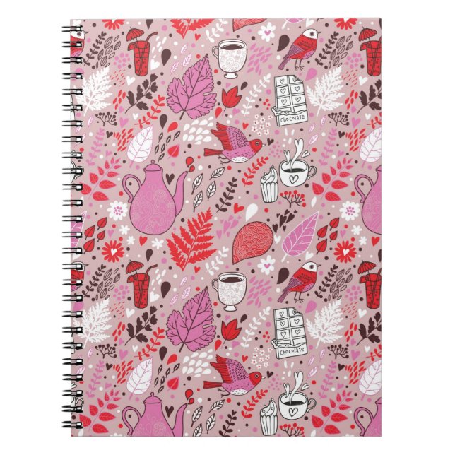 Tasty pattern with birds and flowers spiral notebook (Front)