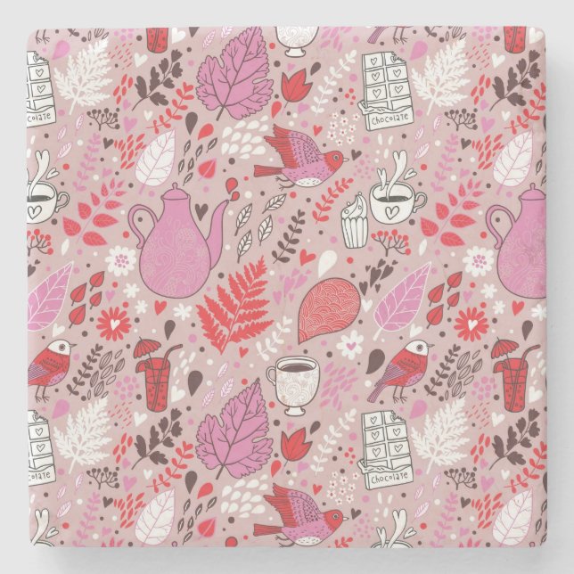 Tasty pattern with birds and flowers stone coaster (Front)