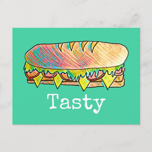 Tasty sub sandwich cute food art postcard (Front)