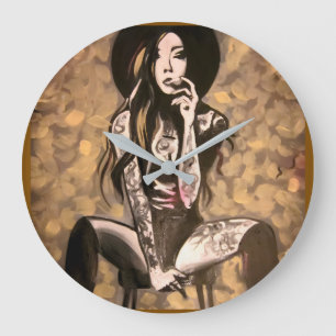Tatooed Woman in Gold Large Clock