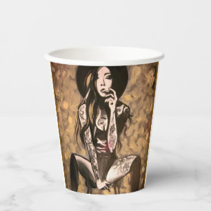 Tatooed Woman in Gold Paper Cups