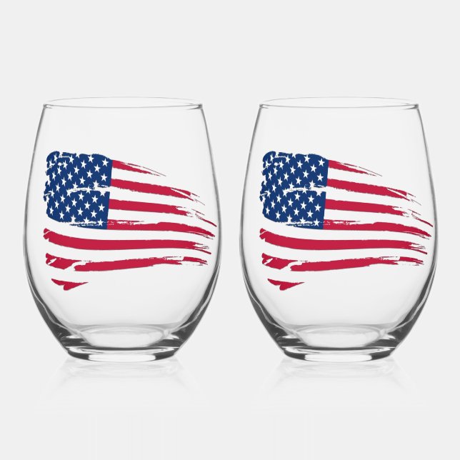 Tattered American Flag Stemless Wine Glass (Front)