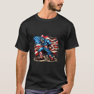 Tattered American USA Flag Skeleton Super hero Art T-Shirt