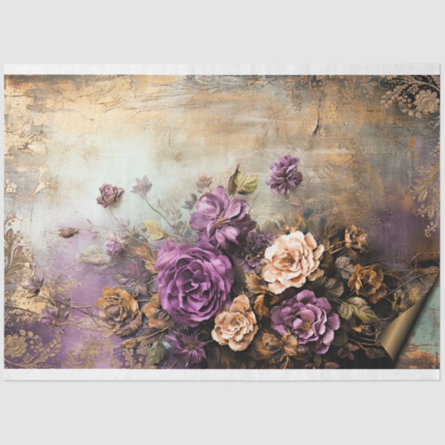 Tattered Floral, Dusty Purple, Green & Gold blends Tissue Paper (Front)