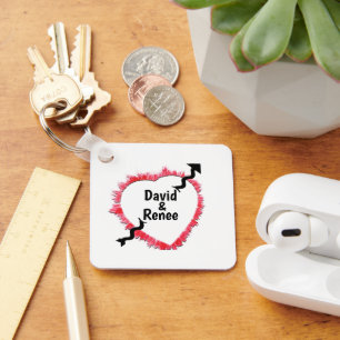 Tattered Red Heart Outline & Arrow Personalised Key Ring