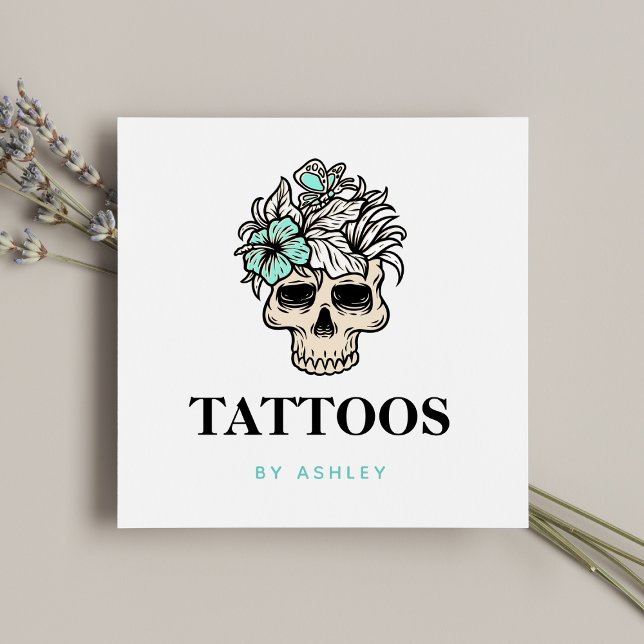 Tattoo Art Artist Floral Skull Gothic Skeleton  Square Business Card (Creator Uploaded)