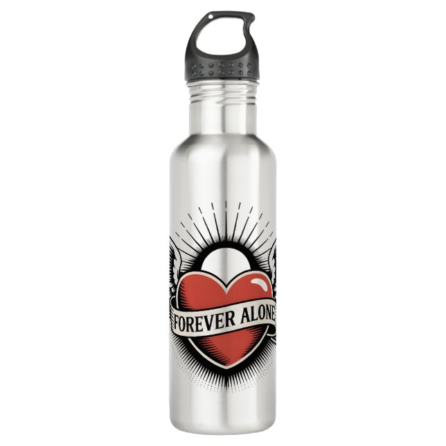 Tattoo Art: Winged Heart with "Forever Alone" 710 Ml Water Bottle (Front)