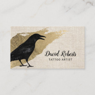 Tattoo Artist Black Crow Gold Stroke Elegant Linen Business Card