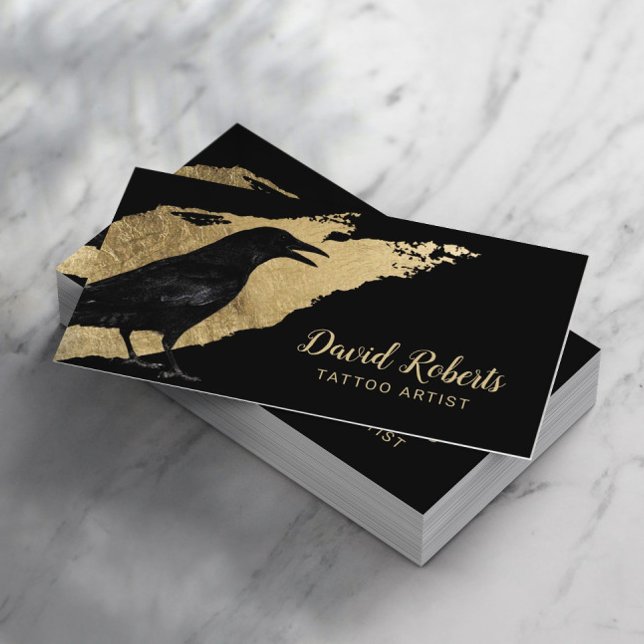 Tattoo Artist Black Crow Modern Gold Brush Stroke Business Card (Creator Uploaded)