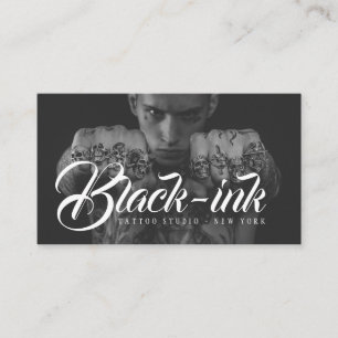 Tattoo artist black photo white script calligraphy business card