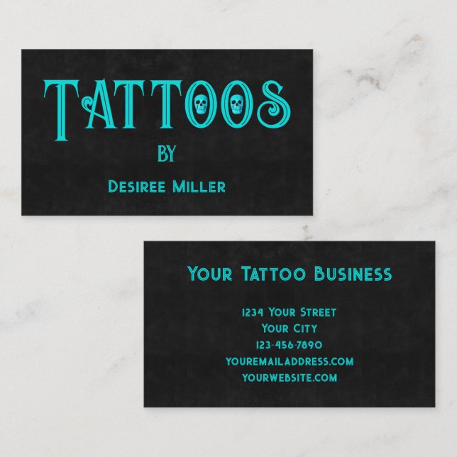 Tattoo Artist Black Teal Cool Skull Business Card (Front/Back)