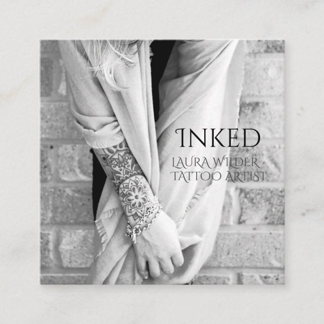 Tattoo Artist Black White Custom Photo Square Business Card (Front)