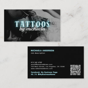 Tattoo Artist Custom Photo Blue Neon Business Card