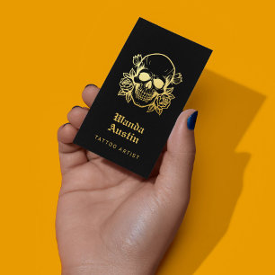 Tattoo Artist Floral Skull Black And Gold   Business Card