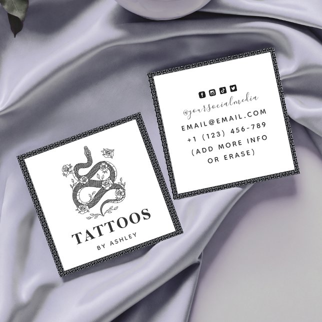 Tattoo Artist Floral Snake Illustration Roses Dark Square Business Card (Creator Uploaded)