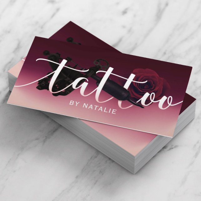 Tattoo Artist Gun & Flower Typography Burgundy Red Business Card (Creator Uploaded)