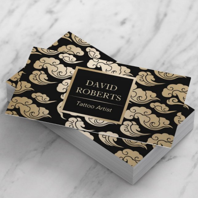 Tattoo Artist Modern Black & Gold Oriental Pattern Business Card (Creator Uploaded)