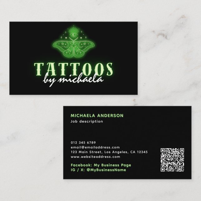 Tattoo Artist Neon Mystical Celestial Moth Business Card (Front/Back)