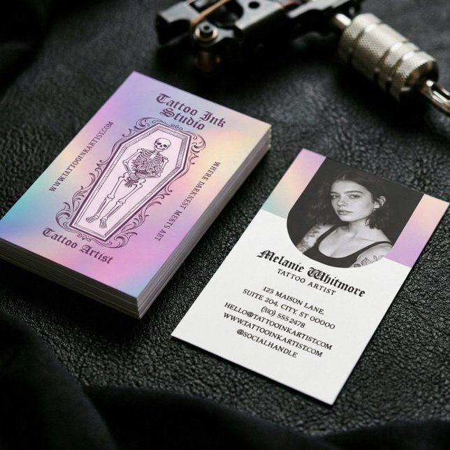 Tattoo Artist Photo Iridescent Gothic Skeleton Business Card (Iridescent Gothic Skeleton Tattoo Artist Photo Business Card)