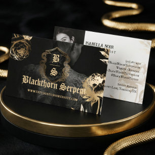 Tattoo Artist Photo Monogram Black Gold Snake  Business Card