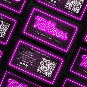 Tattoo Artist Purple Neon Black Brick Wall QR Code Business Card