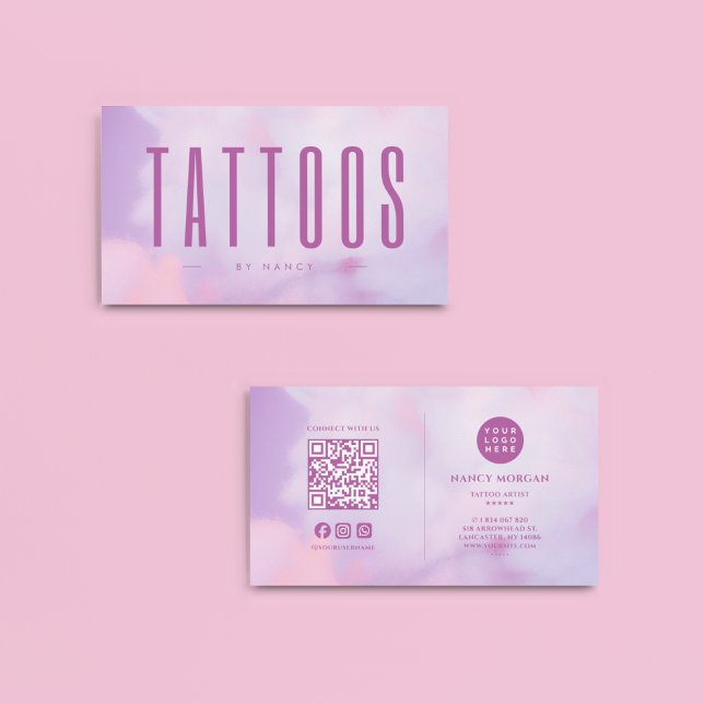 Tattoo Artist QR Code & Logo Purple Holographic  Business Card (Creator Uploaded)