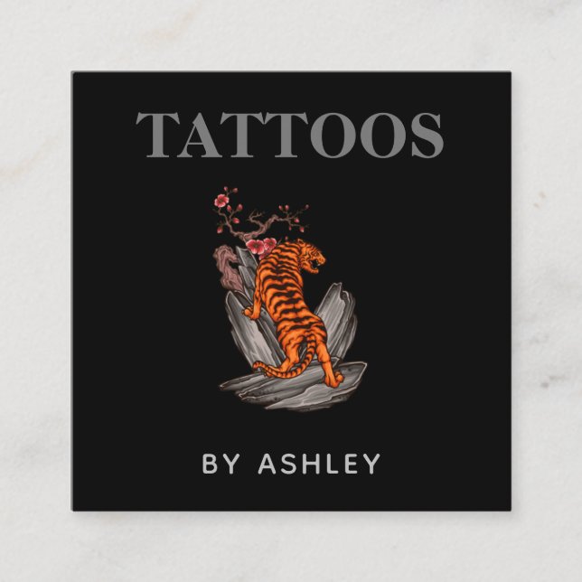 Tattoo Artist Rocks Tiger Social Media Cool  Black Square Business Card (Front)