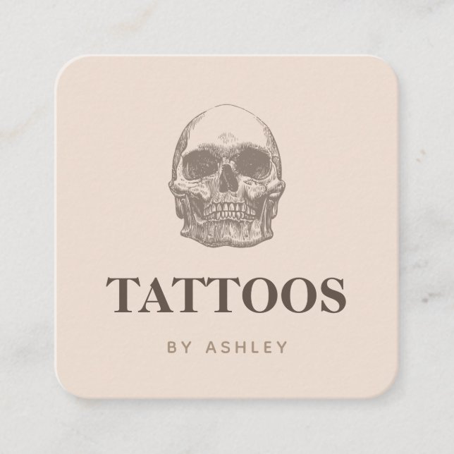 Tattoo Artist Social Media Skull Beige Modern Square Business Card (Front)