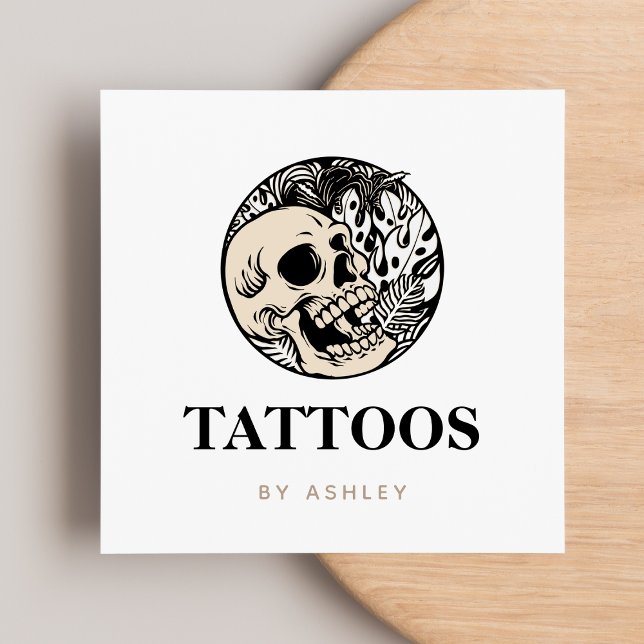 Tattoo Artist Social Media Skull & Plants Modern  Square Business Card (Creator Uploaded)