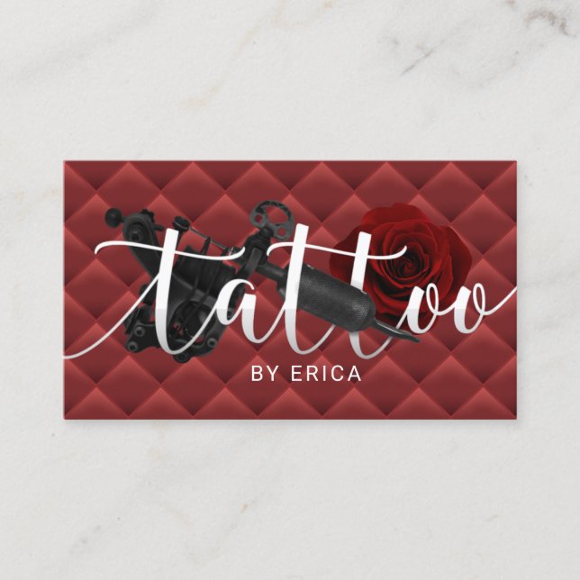 Tattoo Artist Tattoo Gun & Rose Lux Red Quilted Business Card (Front)