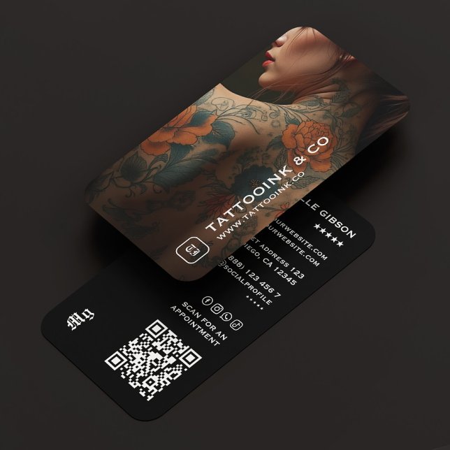 Tattoo Artist Tattooist Monogram Photo Black Business Card (Tattoo Artist Tattooist Monogram Photo Black Business Card
)