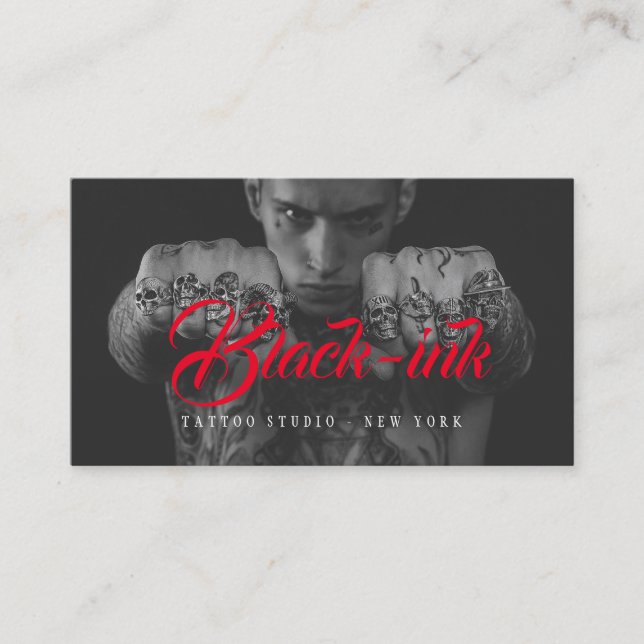 Tattoo artists black photo red script calligraphy business card (Front)