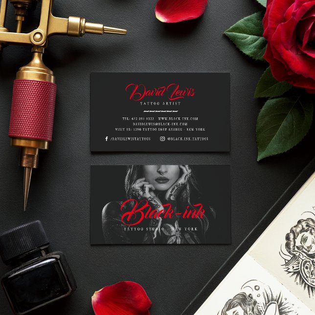 Tattoo artists black photo red script typography business card (Tattoo artists black photo red script typography)