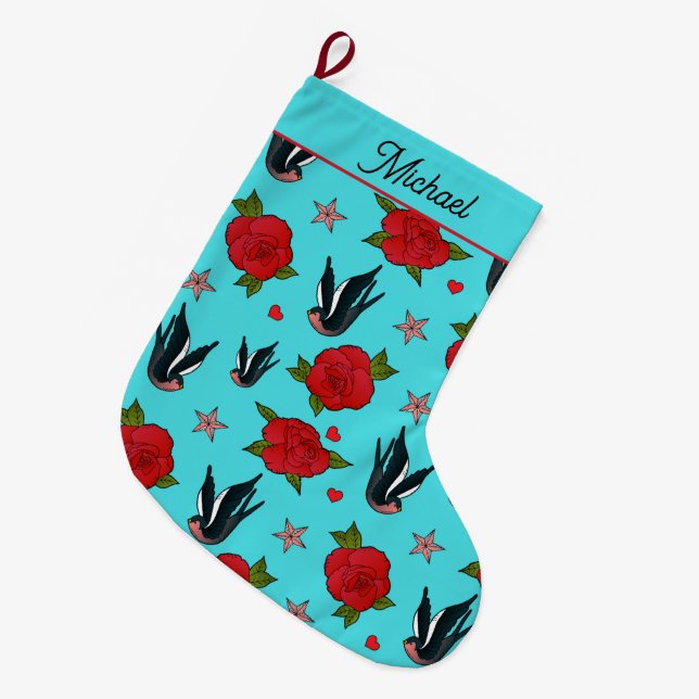 Tattoo Birds and Roses Rockabilly Patterned Large Christmas Stocking (Front (Hanging))