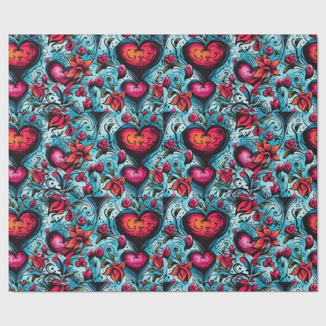 Tattoo Blue Hearts  Theme Wrapping Paper (Seam)