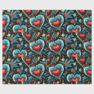 Tattoo Blue Red Hearts Theme Wrapping Paper