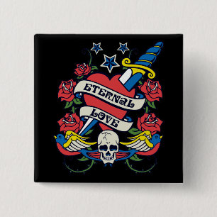 Tattoo Eternal Love Heart Knife Roses Skull Wings 15 Cm Square Badge