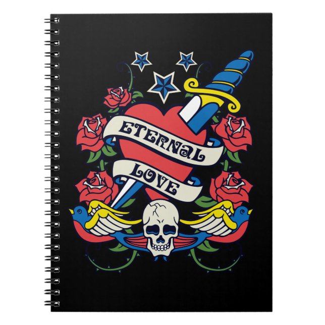 Tattoo Eternal Love Heart Knife Roses Skull Wings Spiral Notebook (Front)