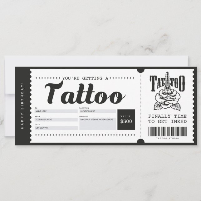 Tattoo Gift Card Ticket Voucher Certificate (Front)