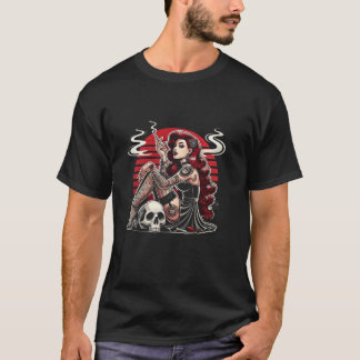 Tattoo Goth Pin up Girl with Skull Vintage Horror  T-Shirt