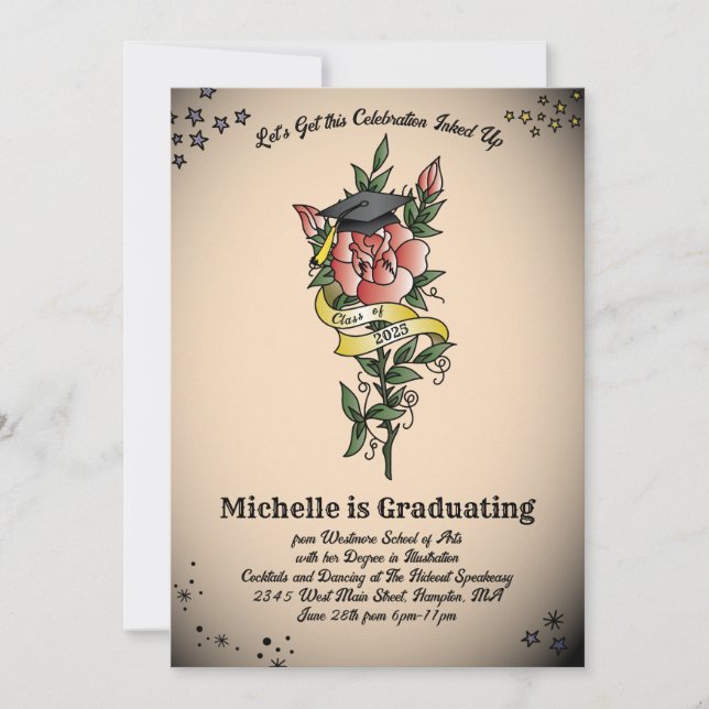 Tattoo Graduation Party Vintage Retro Rose Invitation (Front)
