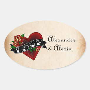 Tattoo Heart and Roses Custom Oval Sticker