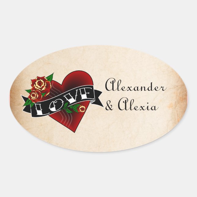 Tattoo Heart and Roses Custom Oval Sticker (Front)