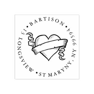 TATTOO HEART ROUND RETURN ADDRESS RUBBER STAMP