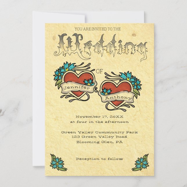 Tattoo Hearts and Tattooed Lettering Wedding Invitation (Front)