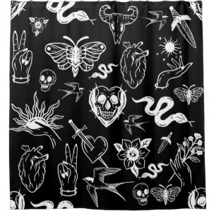 tattoo human heart snake moth dagger black shower curtain