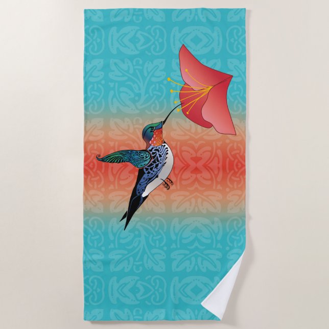 Tattoo Hummingbird Red hibiscus Flower Turquoise Beach Towel (Front)